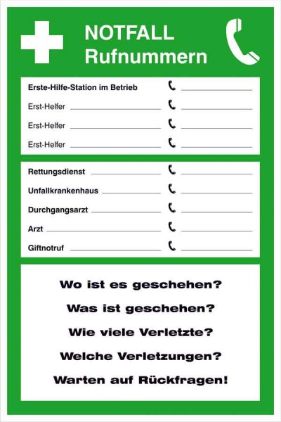 Aushang - Notfall Notfall Rufnummern