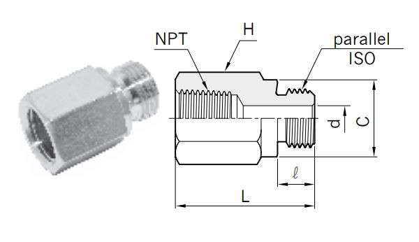 Gewindeadapter, NPT-Innengewinde auf paralleles ISO-Außengewinde