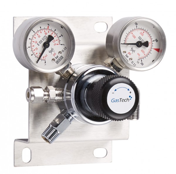 Entspannungsstation, GasTech DRS 1-1, Inertgase, 0-1,5 bar, Messing verchromt