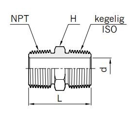 Sechskant-Doppelnippel, NPT-Außengewinde auf konisches ISO-Außengewinde
