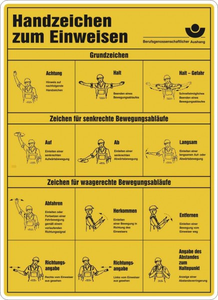 Aushang - Berufsgenossenschaft Handzeichen zum Einweisen