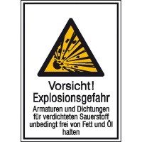 Warn-Kombischild Vorsicht! Explosionsgefahr Armaturen und Dichtungen für verdichteten Sauerstoff unb Warn-Kombischild Vorsicht! Explosionsgefahr Armaturen und Dichtungen für verdichteten Sauerstoff unb