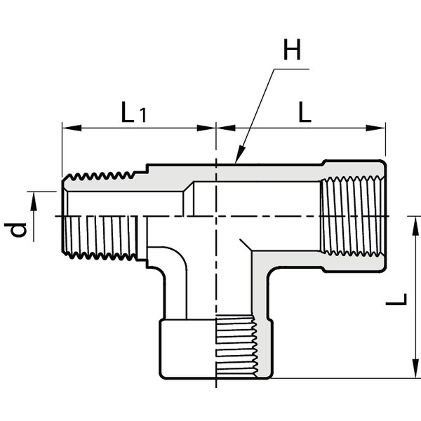 Gewinde-T-Stück, eine Seite & unten NPT-Innengewinde, eine Seite NPT-Außengewinde