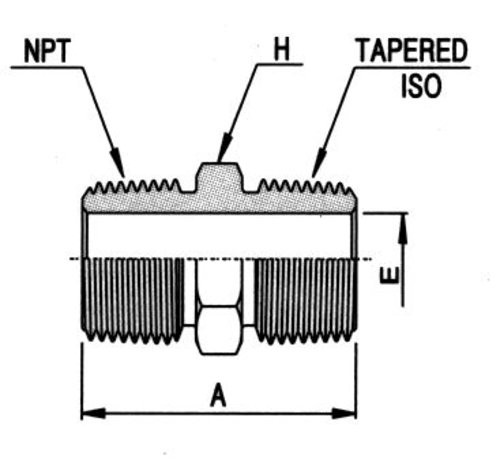 Sechskant-Doppelnippel, NPT-Außengewinde auf paralleles ISO-Außengewinde
